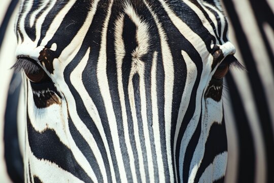 A detailed close up view of a zebra's face. This image can be used to depict the unique patterns and features of zebras in nature photography or for educational purposes