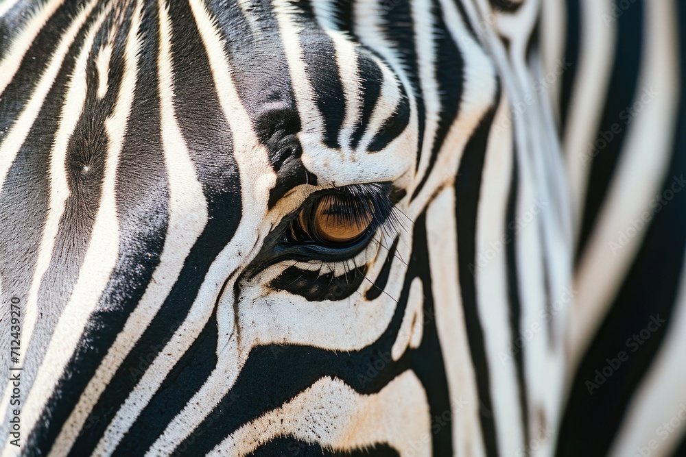 Poster a detailed close up of a zebra's eye. this image can be used for various purposes such as wildlife a