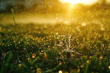 A beautiful image capturing the tranquil scene of water droplets sprinkled on grass at sunset. Perfect for nature-themed designs and relaxation concepts