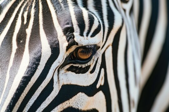 A detailed close up of a zebra's eye. This image can be used for various purposes such as wildlife articles, educational materials, or nature-themed designs