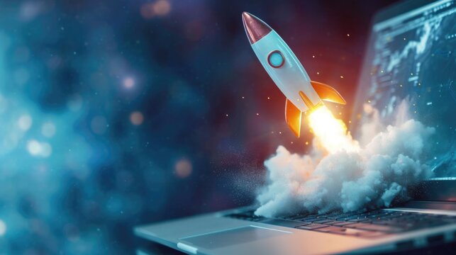 A rocket is launching out of a laptop, symbolizing innovation and technology. This image can be used to represent advancements in digital technology or the concept of launching a new idea or project