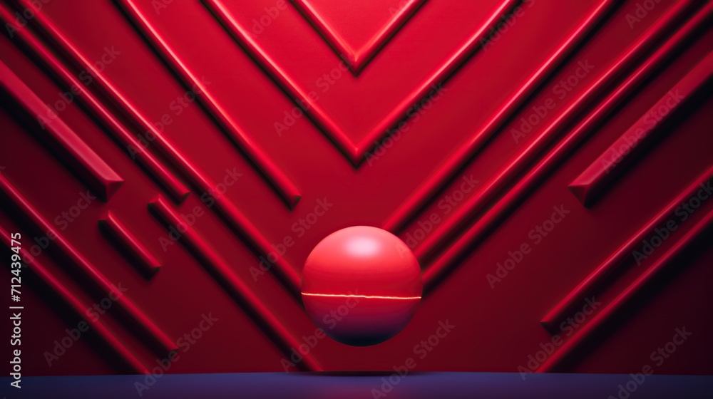Poster abstract red background with geometric shapes and a central sphere, creating a sense of depth and in