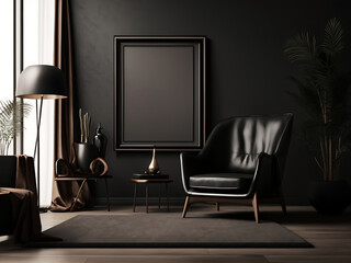 Picture frame mockup in dark tones design with leather black armchair and decoration minimal. 3d rendering
