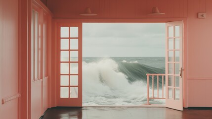 Vibrant coastal scene viewed from a coral-toned room, large wave crashing in through open French doors