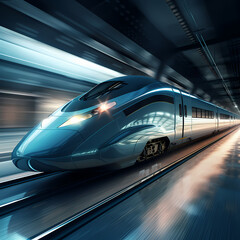 A futuristic high-speed train in motion.