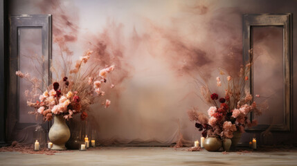 Create enchanting visuals with this studio photo backdrop, featuring an empty, blank stage, soft flowers, and a play of captivating ambient light