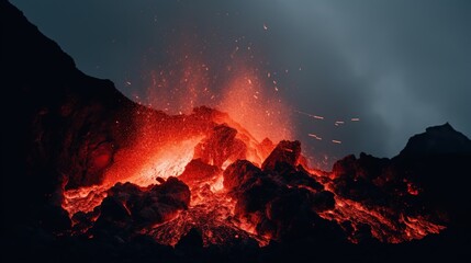Molten Lava Flow in Volcanic Landscape at Night