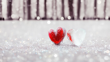 Fototapeta premium Two red hearts resting in glitter snow against winter background, process in falling in love, valentine's concept. Gen ai, PS