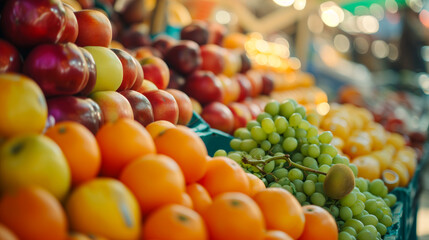 Naklejka na ściany i meble Bountiful Harvest: Morning Close-Up of Fresh Fruits at the Vibrant Market