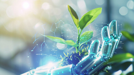 Green Technology, Technology and Futuristic Ethic Business Concept, Robot holding a plant, Anti-global warming economy	
