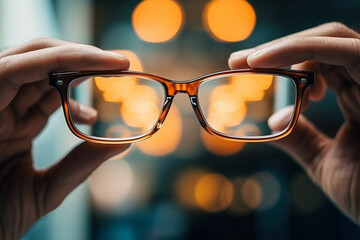 Eye care, choice with glasses or contact lens in hands, closeup and vision with healthcare for eyes. Prescription lenses, person with frame and plastic container, optometry with optician and health 