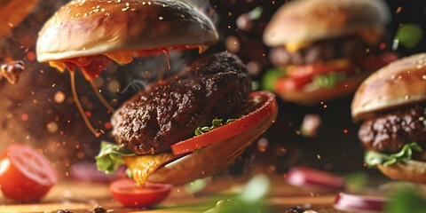 Realistic 3D burgers falling in the air with grilled meat collection, ultra-detailed icon, and flying angle view food photography in a burger composition. - obrazy, fototapety, plakaty