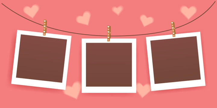 Valentine's day romantic cards with Blank set photo frames mockup. Greeting Love pink Scrapbook template with blurred hearts. Realistic empty print-holder for memory with shadows for album