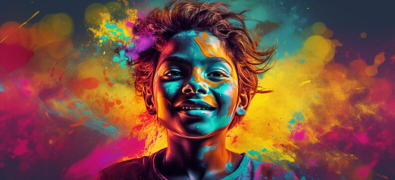 holi indian festival boy with colors generative