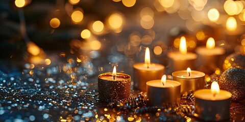Festive backdrop for New Year's celebration with golden lit candles on sparkling bokeh, 2024 edition.