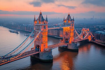 Tower Bridge in London UK, aerial view