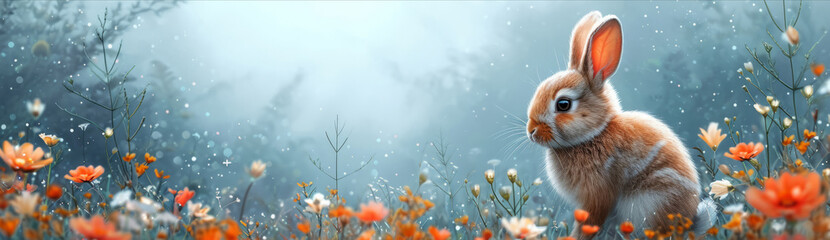 Background, celebration and bunny for holiday, vacation and easter with color, chocolate and illustration. Flowers, banner and decoration in abstract for creative wallpaper, advertisement and art.