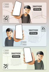Presentation brochures for a mobile application on a smartphone. Featuring a cartoon-style man holding a phone with an empty screen and a description along with a QR code redirecting to download.