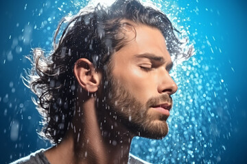Face, water splash and shampoo shower of man in studio isolated on a blue background. Water drops, hair care and male model washing, bathing or cleaning for healthy skin, wellness or skincare hygiene 
