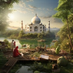 Ancient imagined Taj Mahal with beautiful landscape
