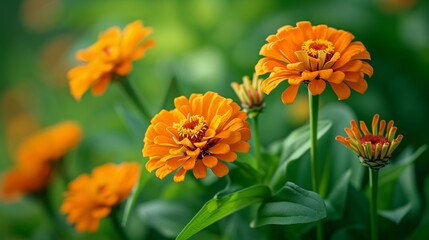 Fototapeta premium Vibrant orange zinnias add a stunning pop of color against a lush green backdrop.
