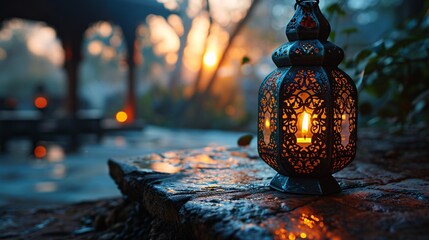 Elegant Islamic lamp with lit candle shining in the evening. Festive card for sacred month of Ramadan Kareem.