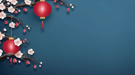 copy space, Chinese new year banner with lantern and flowers on blue background. Vector illustration for banner, flyers, posters. Beautiful mockup for Chinese New Year.