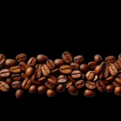 Panoramic coffee beans isolated on white and transparent background, png, wide, copy space
