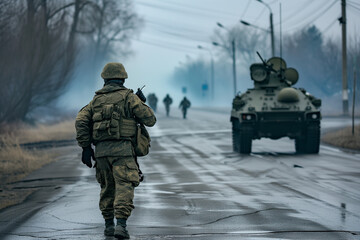 Modern soldiers in camouflage with a machine gun on a city street against the background of driving military vehicles.