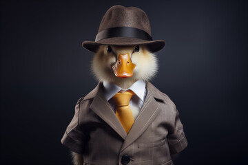 Duck in a suit and a hat on a black background.. Anthropomorphic animals concept. - obrazy, fototapety, plakaty