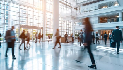 blurred office workers walking 