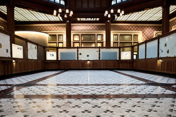 Splendeur historique, intérieur de l'ancienne Banque de France avec verrières et bureau classique