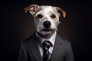 Jack russell terrier dog in a suit and tie on a dark background. Anthropomorphic animals concept. - obrazy, fototapety, plakaty