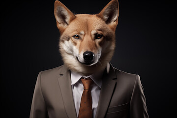 Studio portrait of a Shiba Inu dog wearing a suit and tie. Anthropomorphic animals concept. - obrazy, fototapety, plakaty
