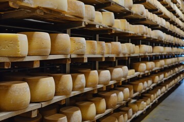 Fototapeta premium Parmesan cheese aging on shelves in factory warehouse, cheese production concept