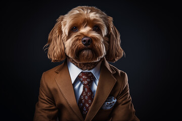 Cocker Spaniel dog in a suit and tie on a black background. Anthropomorphic animals concept. - obrazy, fototapety, plakaty