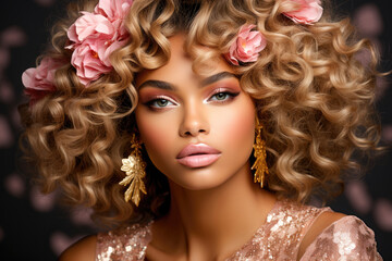 Fototapeta premium portrait of a woman with flowers Valentines makeup luxury allure gold pink