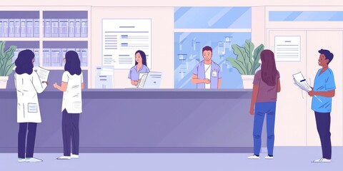 Illustrations showing staff members registering patients and verifying their information