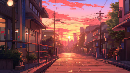 sunset in the city over the street