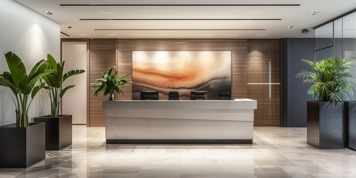 Imagery showcasing interior design elements like artwork or plants in the reception area