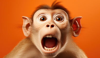 Studio Portrait of Funny and Excited Macaque Monkey on Orange Background with Shocked or Surprised Expression and Open Mouth