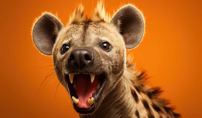 Poster Studio Portrait of Funny and Excited hyena on Orange Background with Shocked or Surprised Expression and Open Mouth © Ruslan Gilmanshin