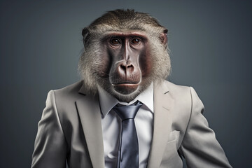 Portrait of a monkey in a business suit on a gray background. Anthropomorphic animals concept. - obrazy, fototapety, plakaty