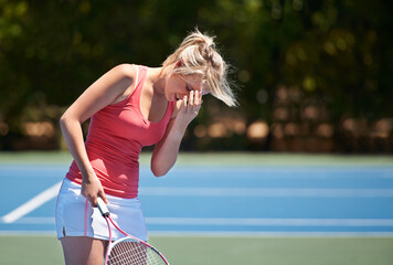 Frustrated woman, tennis and headache in mistake, fail or loser on outdoor court for game or match. Upset or disappointed young female person, athlete or player in loss, stress or burnout in nature