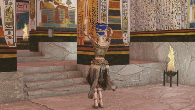 Queen Nefertiti in Tomb with old wall paintings in ancient Egypt. Historical 3d rendering animation. Video without AI.