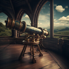Antique telescope on an old observatory roof.