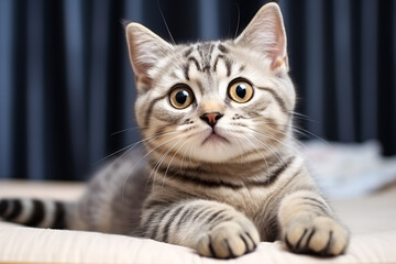 A contented UK feline reclines with a lifted paw on a scenic backdrop, advertising cat food - an entertaining close-up of the playful pet.