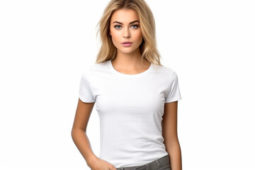 Fototapeta premium Woman in White Tshirt Mockup created with Generative AI