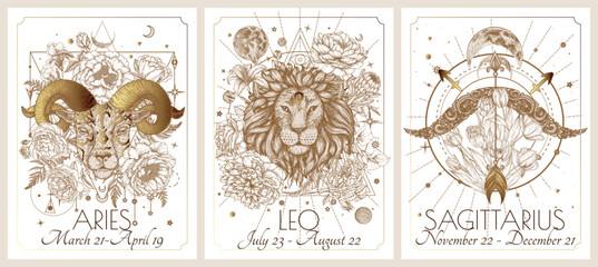 Vector illustration of zodiac signs in flowers card. Signs of the element of fire. Aries, Leo, Sagittarius. Gold on a white background in engraving style - obrazy, fototapety, plakaty