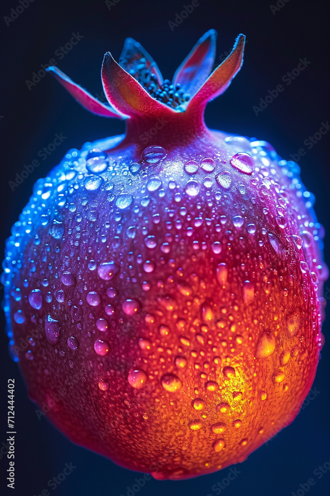 Poster an image of a pomegranate with seeds transitioning from fluorescent yellow to deep blue,